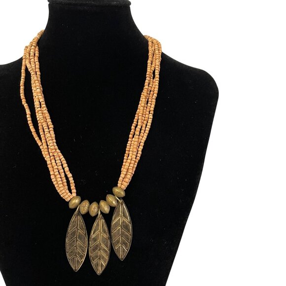 Handmade Multistrand Beaded Necklace 20" Bronze Leaf Pendants Gold Accents - Picture 6 of 6